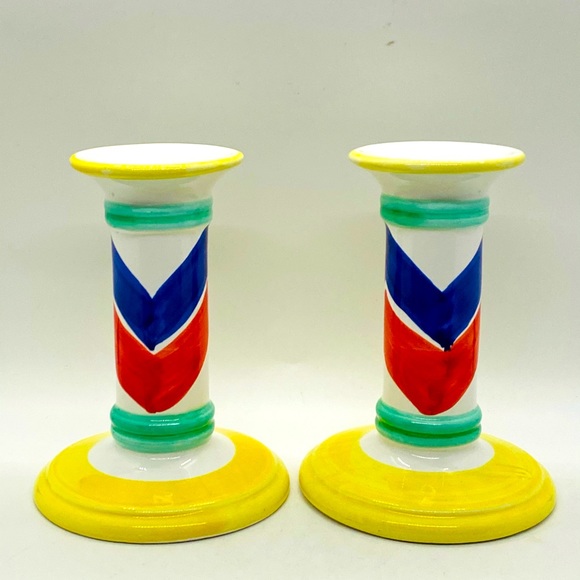 Vintage Italian Ceramic Colorful Chevron Candlesticks